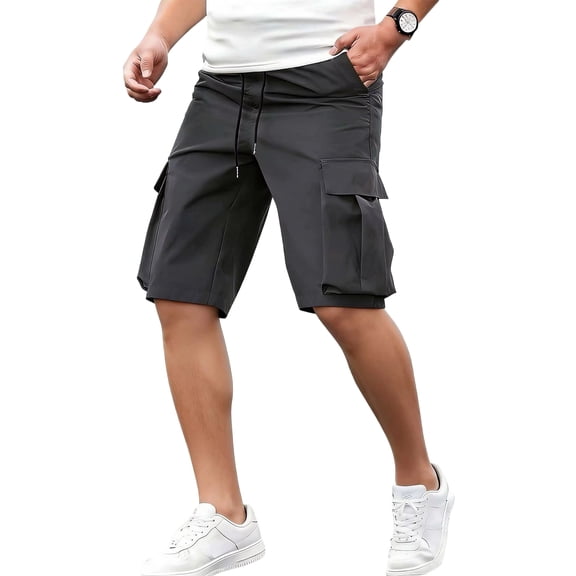 Nestiefly Mens Cargo Cotton Chino Shorts Elastic Waist Drawstring Casual Work Shorts Summer Hiking Traval Shorts with 4 Pockets Dark Gray L