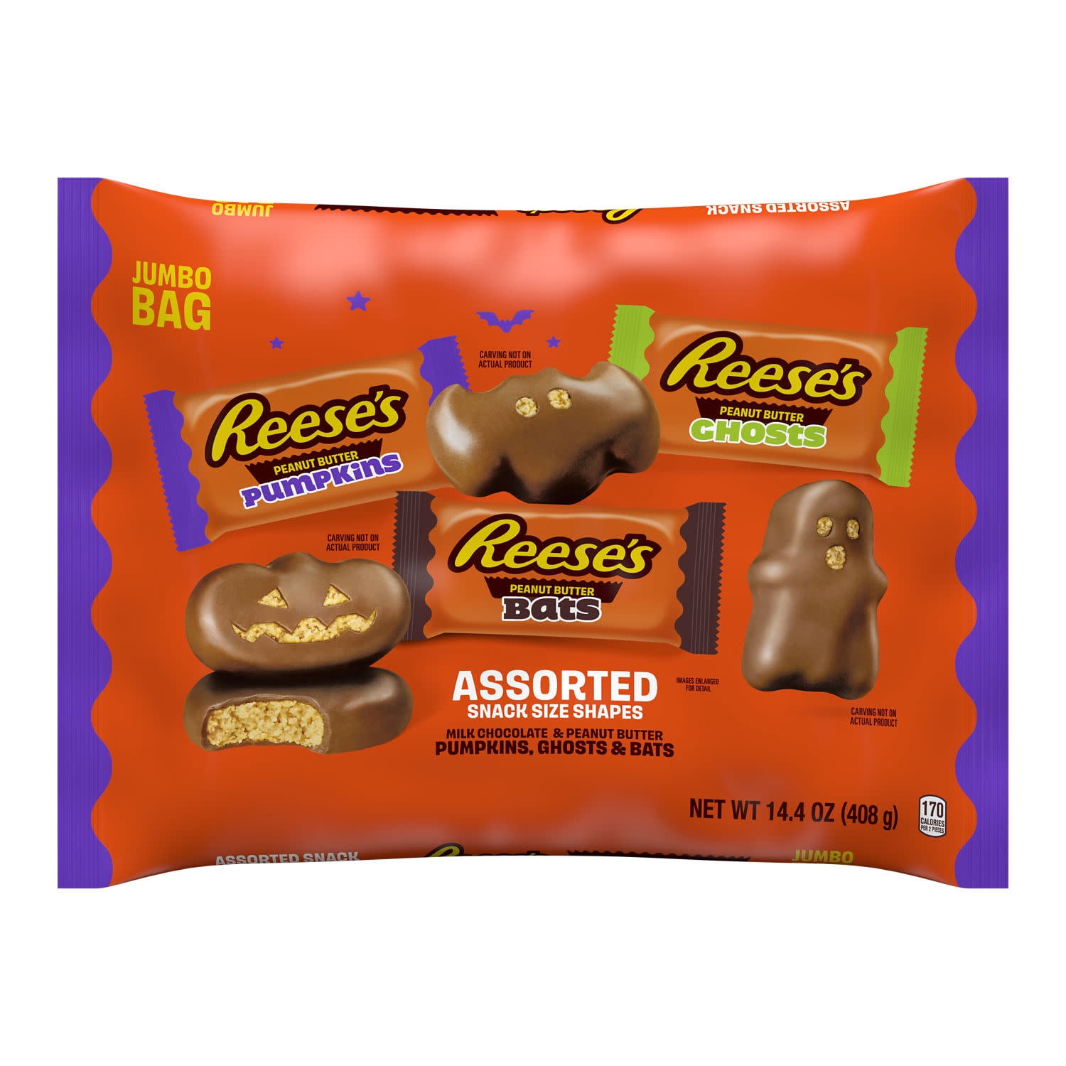 (2 pack) REESE'S Assorted Milk Chocolate Snack Size Peanut Butter Shapes, Halloween Candy Jumbo Bag, 14.4 oz