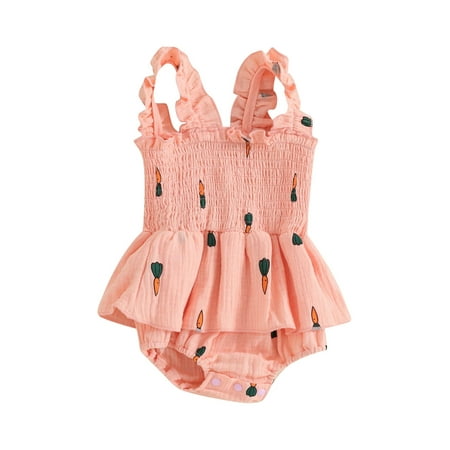 

Biekopu Baby Girl Sleeveless Romper Dress Square Neck Frill Trim Cherry Print Shirred Tank Top Jumpsuit Dress Infant Newborn Clothes