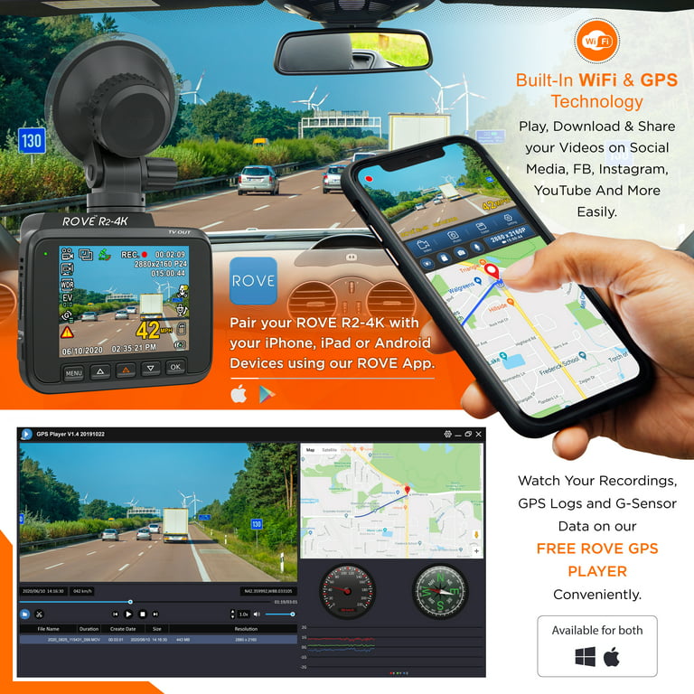 Rove R2-4K Caméra embarquée GPS WiFi intégré pour tableau de bord de  voiture avec UHD 2160p, écran LCD 2,4, grand angle de 150°, WDR, vision  nocturne : : Électronique