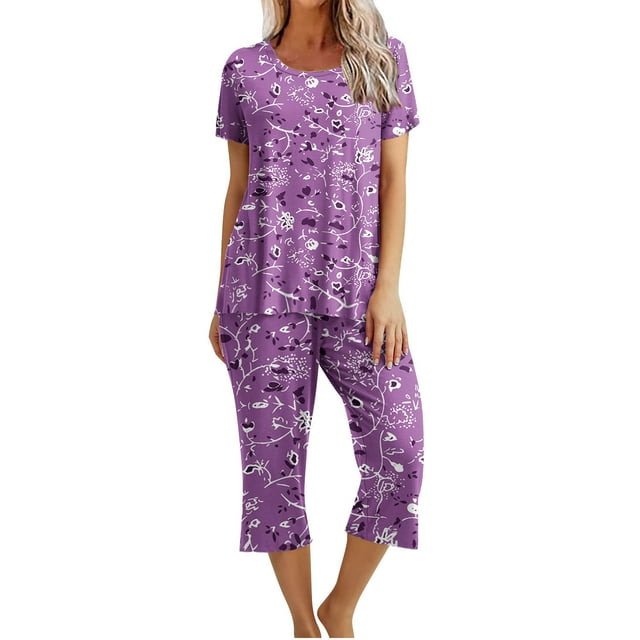 Ensemble de Pyjama pour Femmes Shorts Femmes Imprimé Col Rond Manches Courtes Chemise de Nuit et Ensembles Pantalon Tenue d'Intérieur Pyjamas avec Poches Hauts à Manches Courtes pour Femmes Ensemble de Pyjama pour Femmes Été