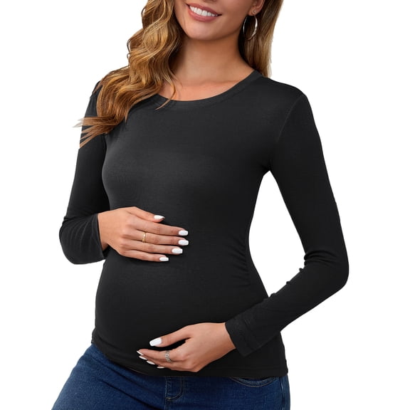 DARING DIVA Women's Ruched Long Sleeve Maternity Blouses S Black
