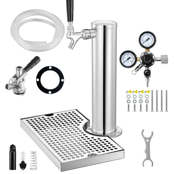 KFFKFF Single Tap Kegerator Tower Kit with Stainless Steel Beer Dispenser, Dual Gauge Regulator, D-System Keg Coupler, and Drip Tray for Home or Party Use