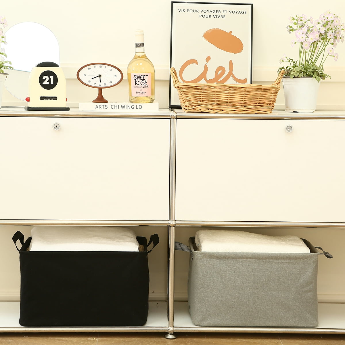 Sea Team 2-Pack Large Canvas Storage Bins for Shelves with Metal Frame, Rectangle Storage Baskets, Closet Organizers, Foldable Laundry Hampers, Containers for Clothing, Blankets, Toys, Black