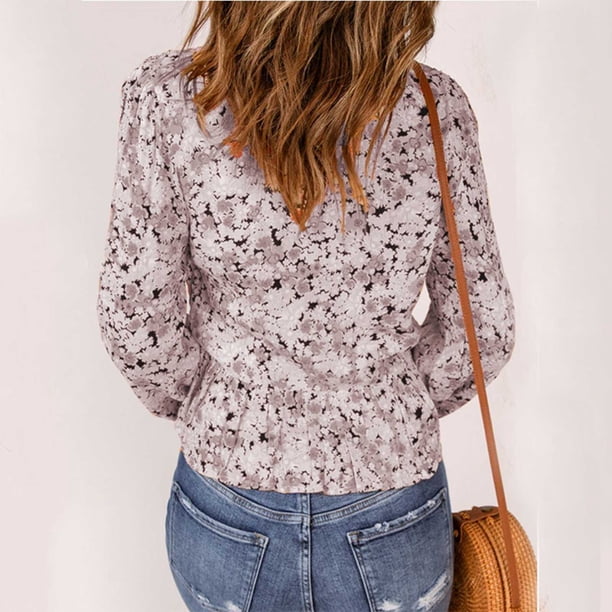 Camisa Fluida De Otoño Blusa Floral De Otoño Top Con Dobladillo Con Volantes Blusa De Mujer Manga Larga Cuello En V Floral Volantes Dobladillo Top Casual Para Primavera Otoño ANGGREK No