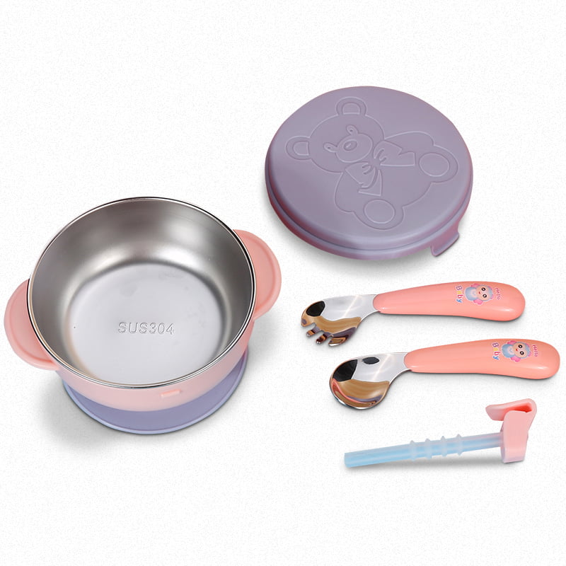 Baby Training Feeding Tableware Suction Bowls And Temperature Sensing Spoon Set 
