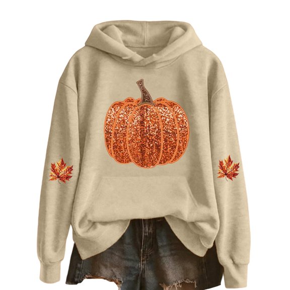 Crew Neck Sweatshirts Women Graphic Sequin Fall Pumpkin Halloween Pullover Tops Oversized Thanksgiving Autumn Shirts Khaki S