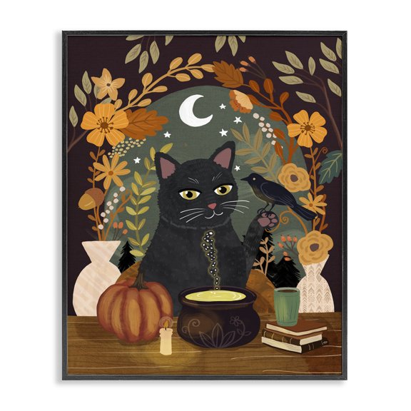 Stupell Industries Eclectic Autumnal Cat & Cauldron Black Framed Giclee Art, 11 x 14, by Mia Charro