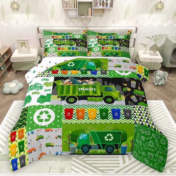jejeloiu Trash Truck Bedding Comforter Set,Geometric Stripe Circle Twin Comforter Sets,Green Patchwork Plaid Bedding Set For Men Women,Breathable Home Decor Reversible,2-Piece