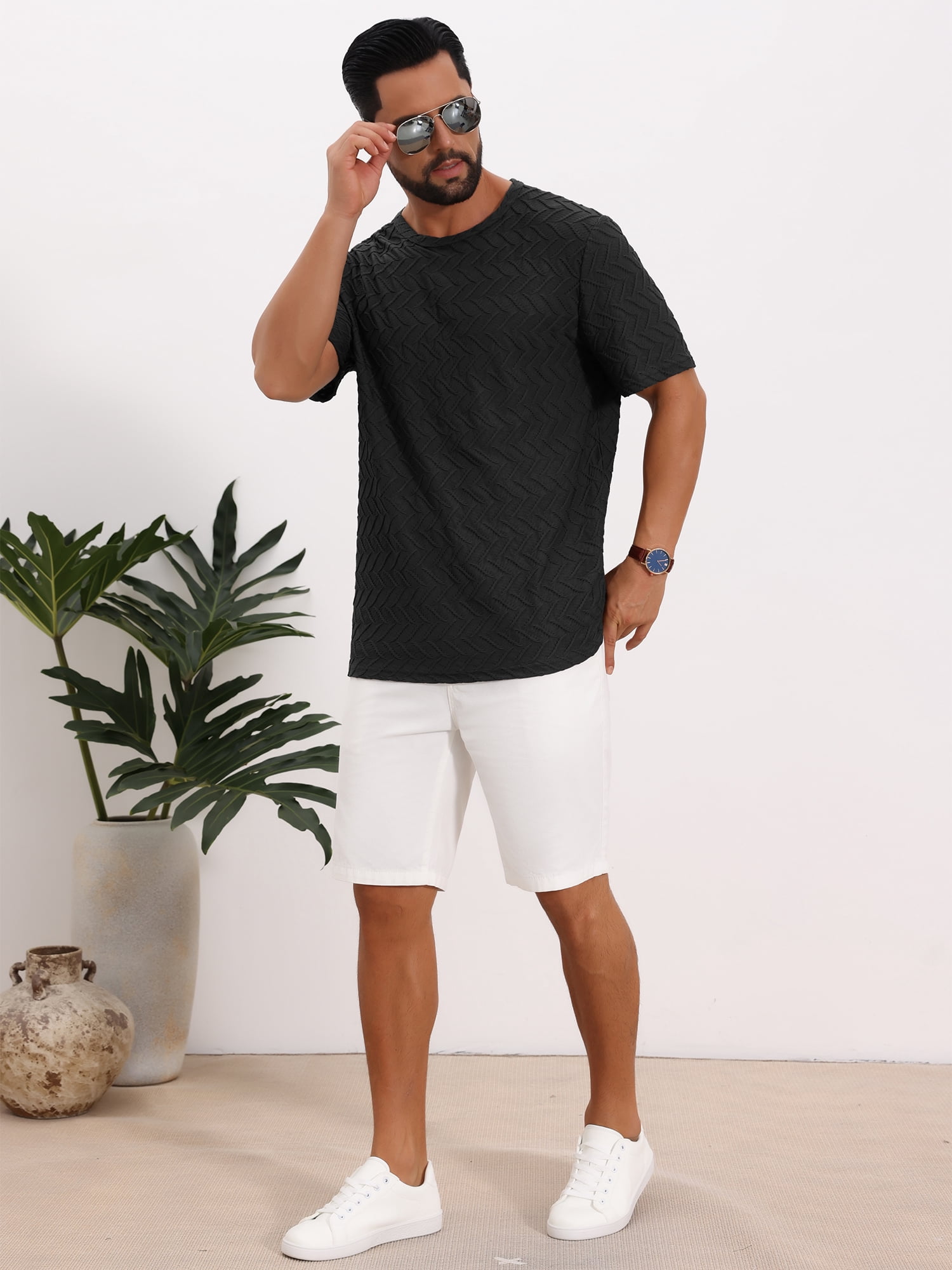 DARING DIVA Men's Knitted T-Shirts Short Sleeve Crew Neck Jacquard T-Shirt S Black