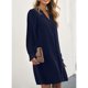 thumbnail image 4 of Vestido de cuello en V de las mujeres frente plisado largo mangas de soplo suelta piel agradable vestido de otoño para fechas fiestas trabajo azul oscuro XL, 4 of 6