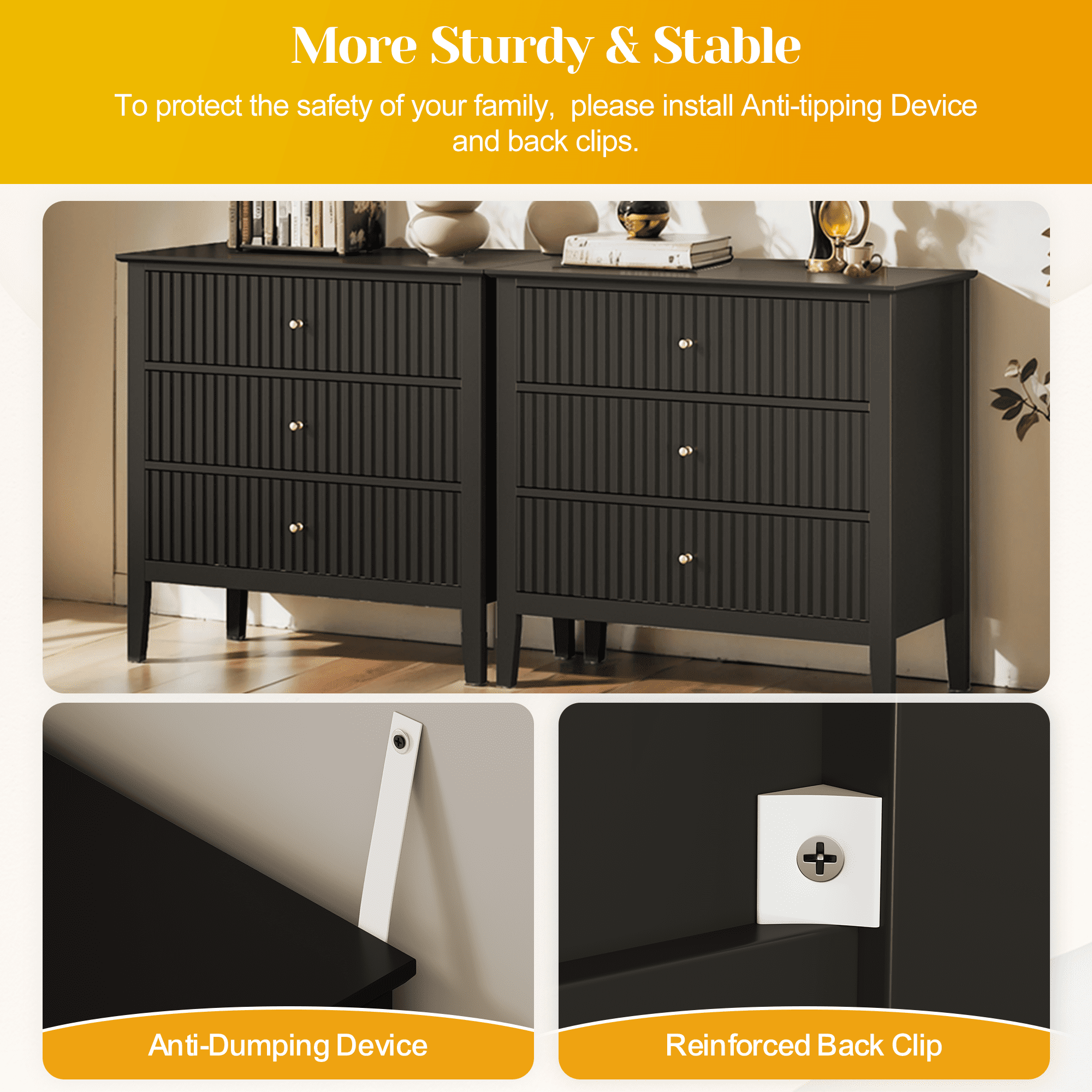 Cozy Home Black 3 Drawer Dresser Set of 2, Painted Tall Wood Nightstand with Storage, for Bedroom Hallway Living Room Entryway Office
