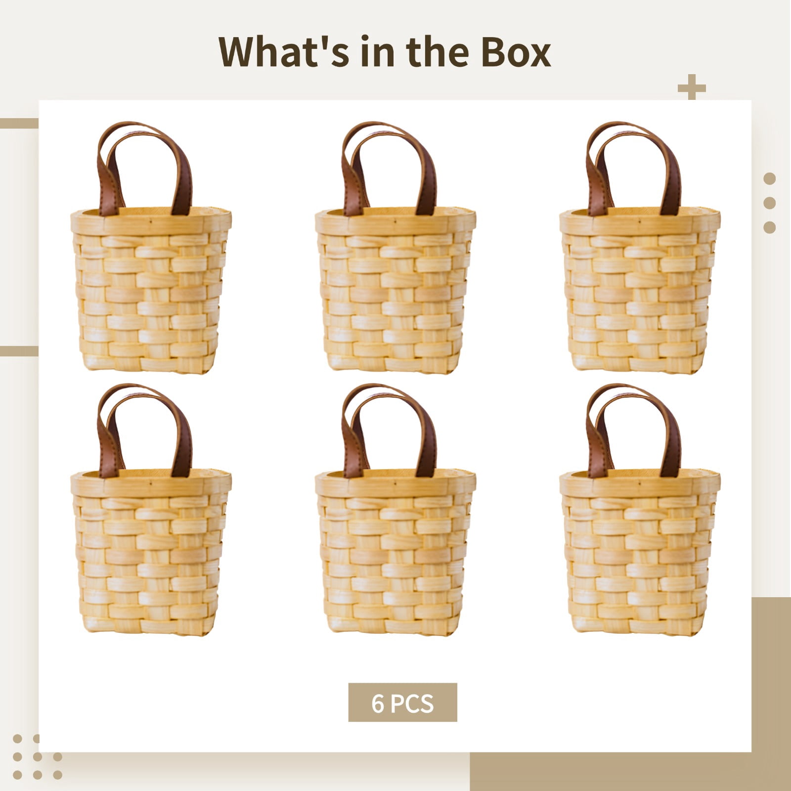 6 Pcs Small Wicker Storage Baskets – 4.7" Square Handwoven Baskets with Leather Handles, Decorative Organizer for Home, Gifts, Countertops & Shelves