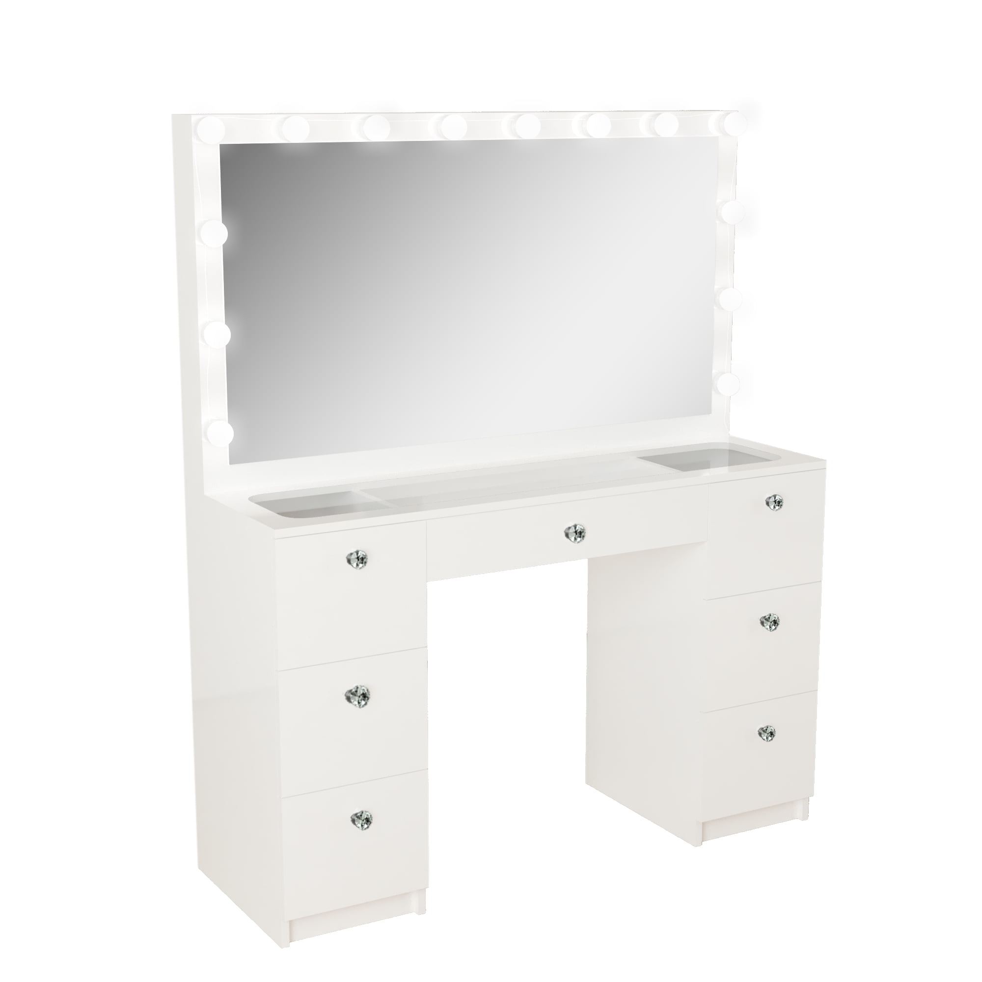 Ibbie Modern Vanity Table 7 Drawers Lights Mirror Crystal Knobs Glass Top White Painted for