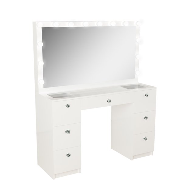 Ibbie Modern Vanity Table 7 Drawers Lights Mirror Crystal Knobs Glass