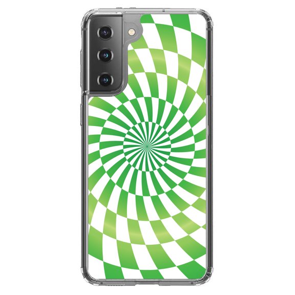 DistinctInk Clear Shockproof Hybrid Case for Galaxy S21 5G (6.2" Screen) - TPU Bumper, Acrylic Back, Tempered Glass Screen Protector - Green White Swirl Geometric