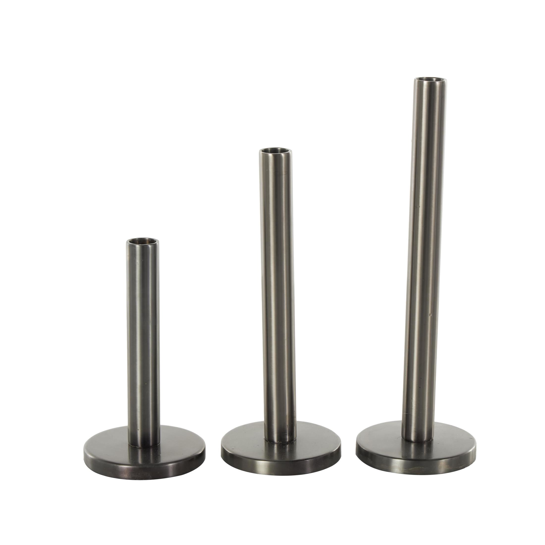 DecMode 3 Candle Black Stainless Steel Metal Slim Candle Holder with Round Base, Set of 3