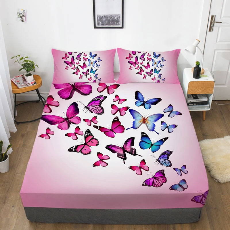 Pink and Blue Butterfly Bedding Sheet with Pillowcase Highend Fitted Sheet Home Textiles,Twin