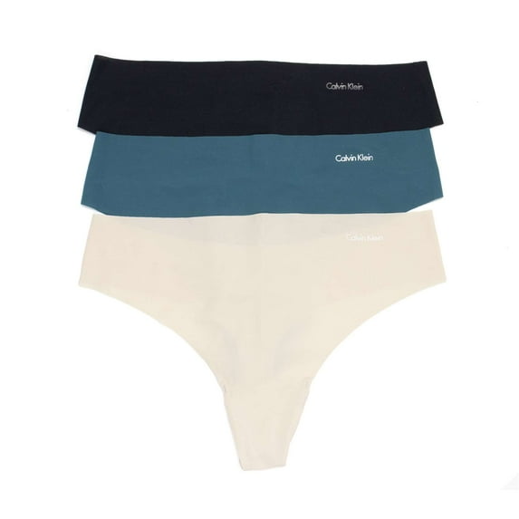 Calvin Klein Women's Invisibles 3 Pack Thong, Topaz Gemstone \ Buff Beige,L - US