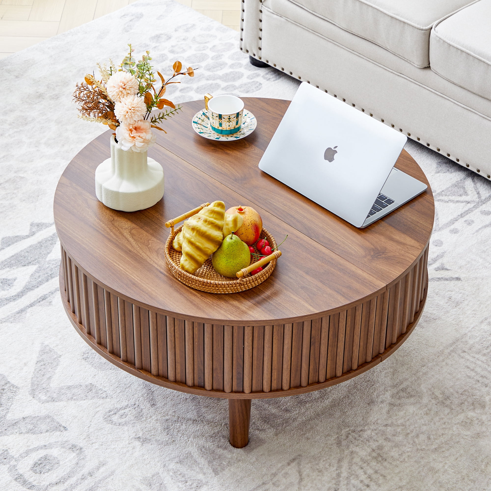 MIYZEAL 31.5" Round Lift Top Coffee Table with Storage, Fluted Mid Century Modern Wooden Center Table with Hidden Compartment, Coffee Table for Living Room, Apartment, Office（Walnut）