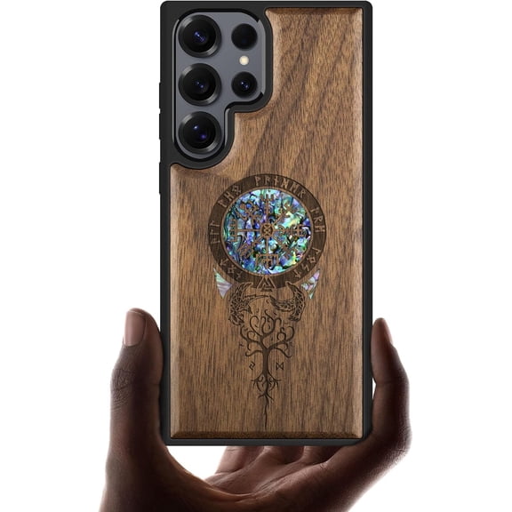 Case for Samsung Galaxy S25 Ultra Case, Artisan Design Shell Inlaid, Viking Symbol, Walnut