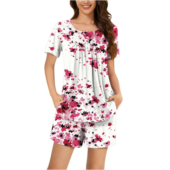 Jamicy Sleepwear for Women Fashion Casual Loose Stripe Printed Round Neck Button Shorts Short Sleeve Comfortable Ladies Pajamas Set Hot Pink