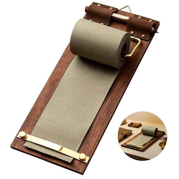 Vintage Clipboard Hanging Memo Board, Wood Frame Paper Roll Holder with Cutter, Includes Wooden Pen & Tea Green Paper Roll, Kitchen Menu Board for Retro Office, Cafe, Wall Grocery List