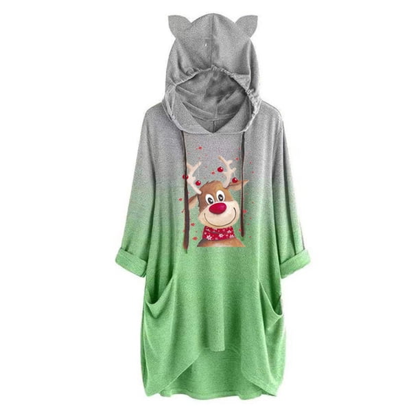 Pntutb Mujeres Moda Navidad Impresión Con Capucha Suelta Manga Larga Gradiente tops Sudadera Casual Pntutb Pntutb-6859
