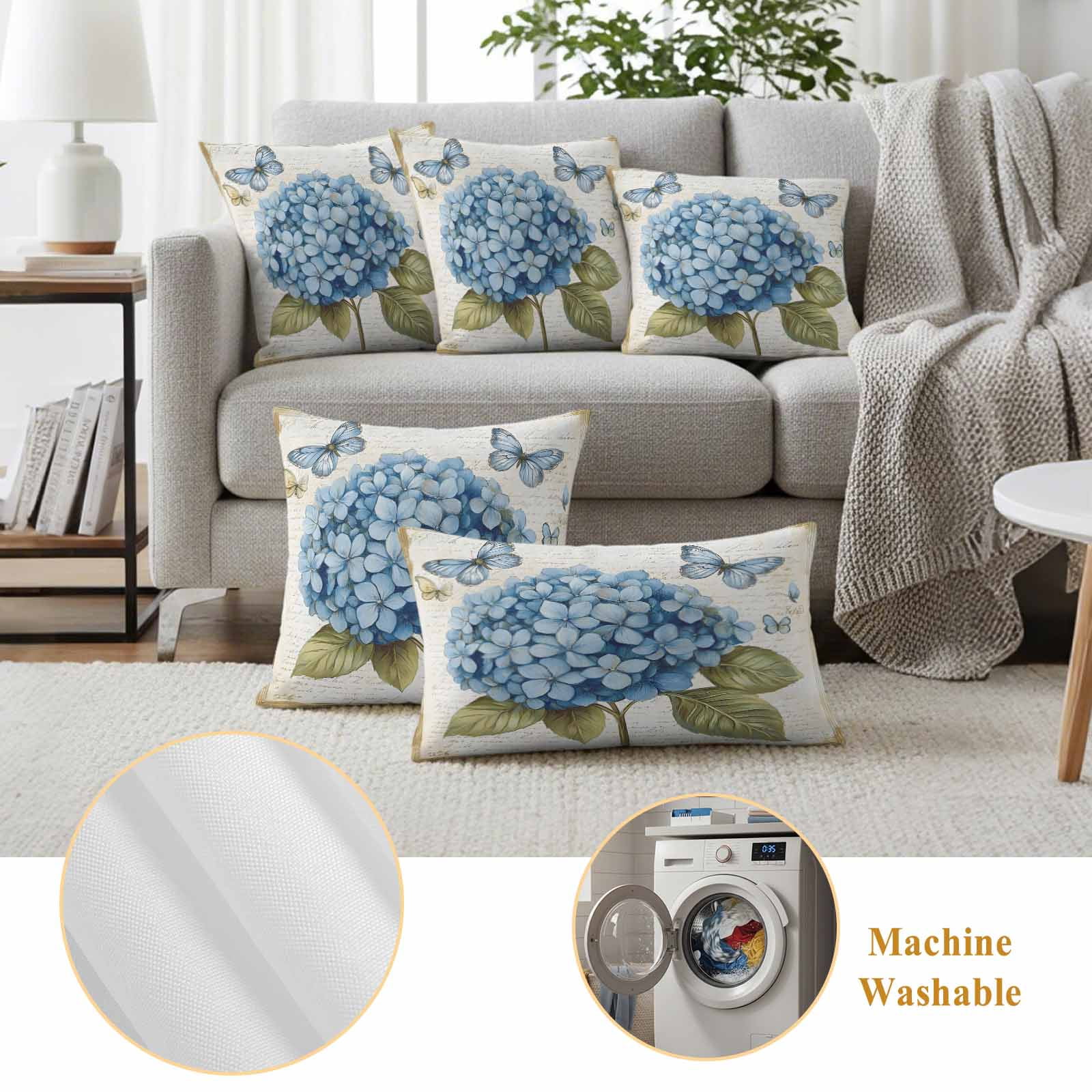 Blue Hydrangea Outdoor Waterproof Pillow Covers, Spring Vintage Botanical Butterfly Decorative Rectangle Throw Pillowcase Sofa Cushion Sham for Patio/Couch/Chair, 20"x12" 2 Pack
