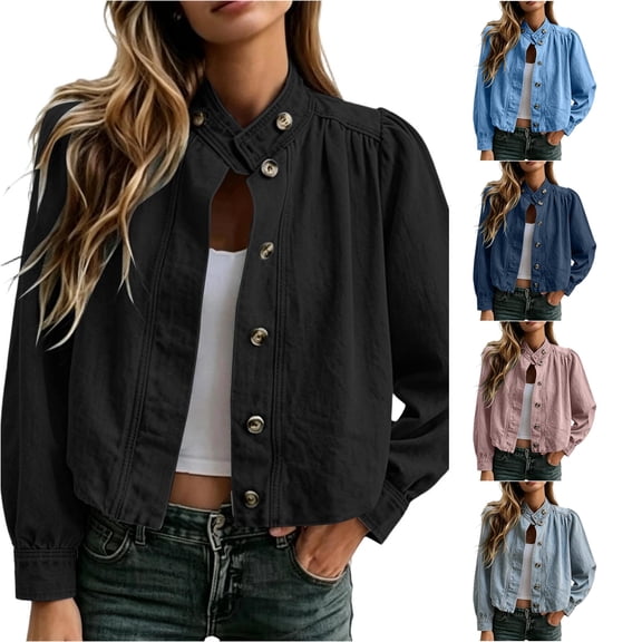 Women's Puff Sleeve Denim Jacket Button Down Crop Jean Coat Casual Shacket