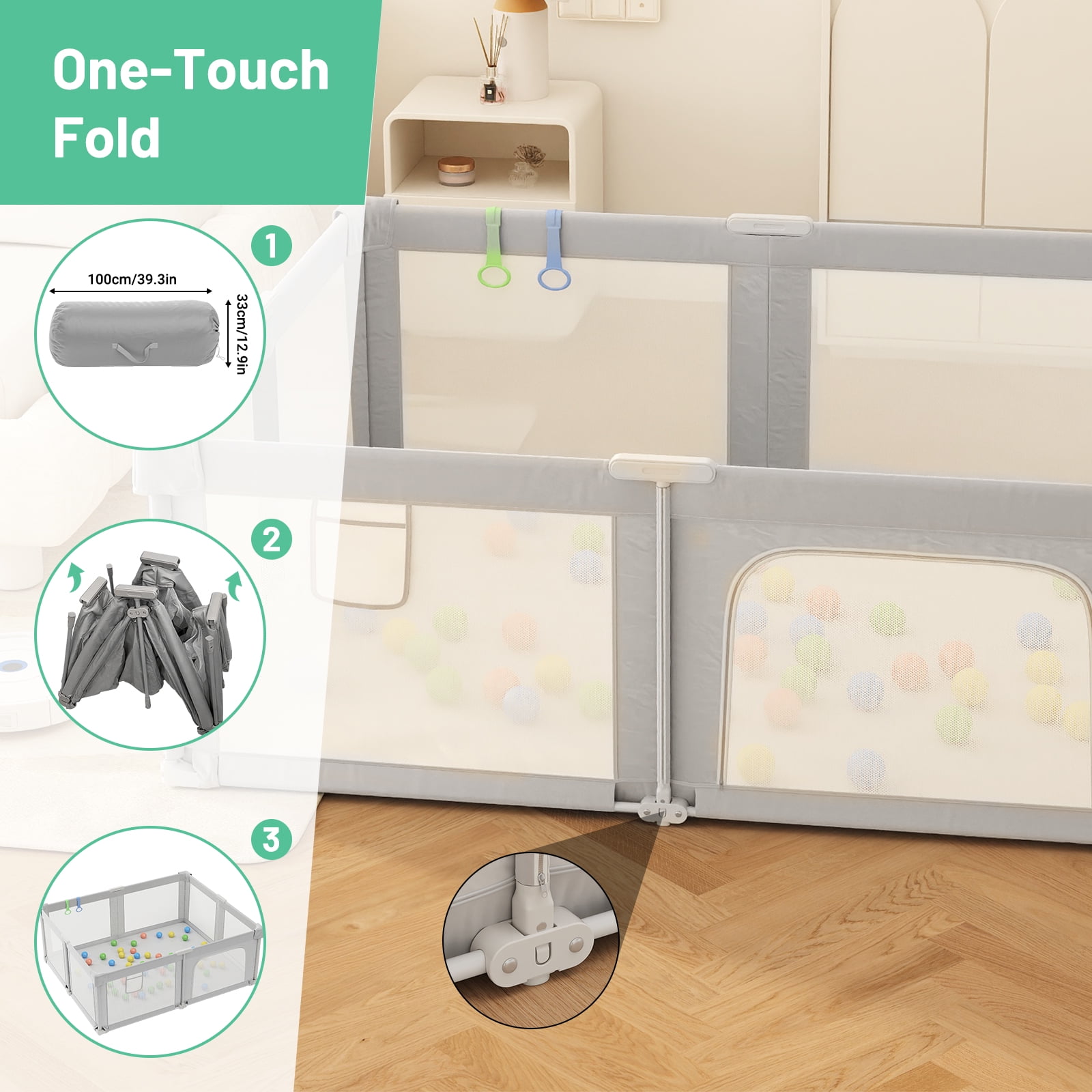73“×61” Baby Playpen with Mat, Extra Large Baby PlayYards,Child Play Yard with Breathable Mesh for Indoor&Outdoor, Light Gray