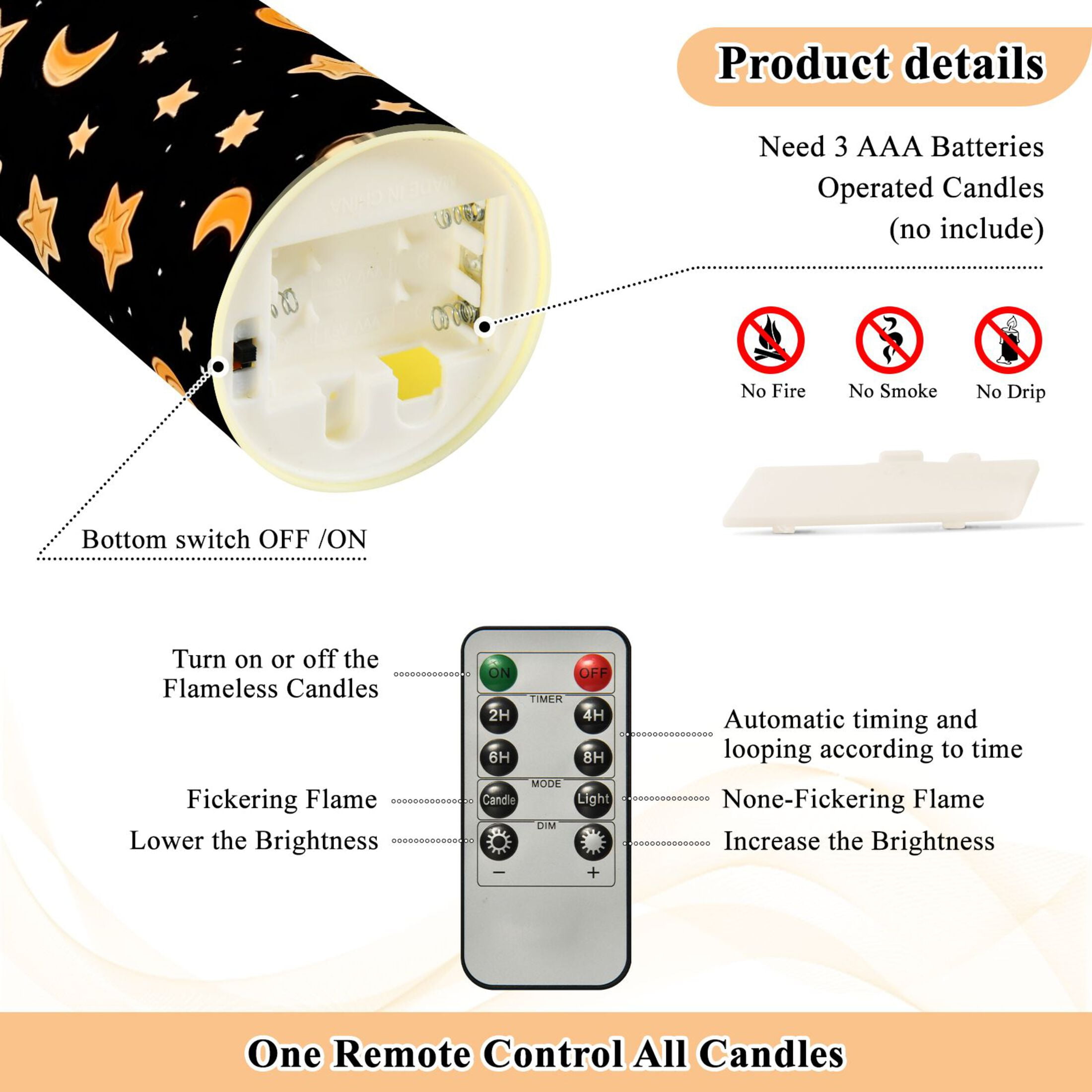 Sun Moon and Stars Flameless Candles 2 PCS with Remote Realistic Moving Flame LED Tapered Pillar Set for Home Decor