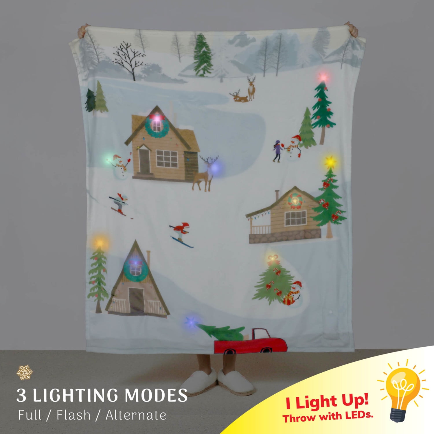 Lit Holiday LED Throw, Christmas Village Blanket with Soft Fabric, 3 Lighting Modes, 50” x 60”