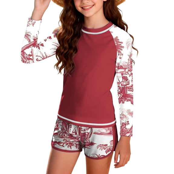 yoeyez Girls Swimsuit Rash Guard Bathing Suit for Girls 2 Piece Long Sleeve Hawaiian Padded Tops and Beach Shorts UPF 50 Swimwear 12-16Y