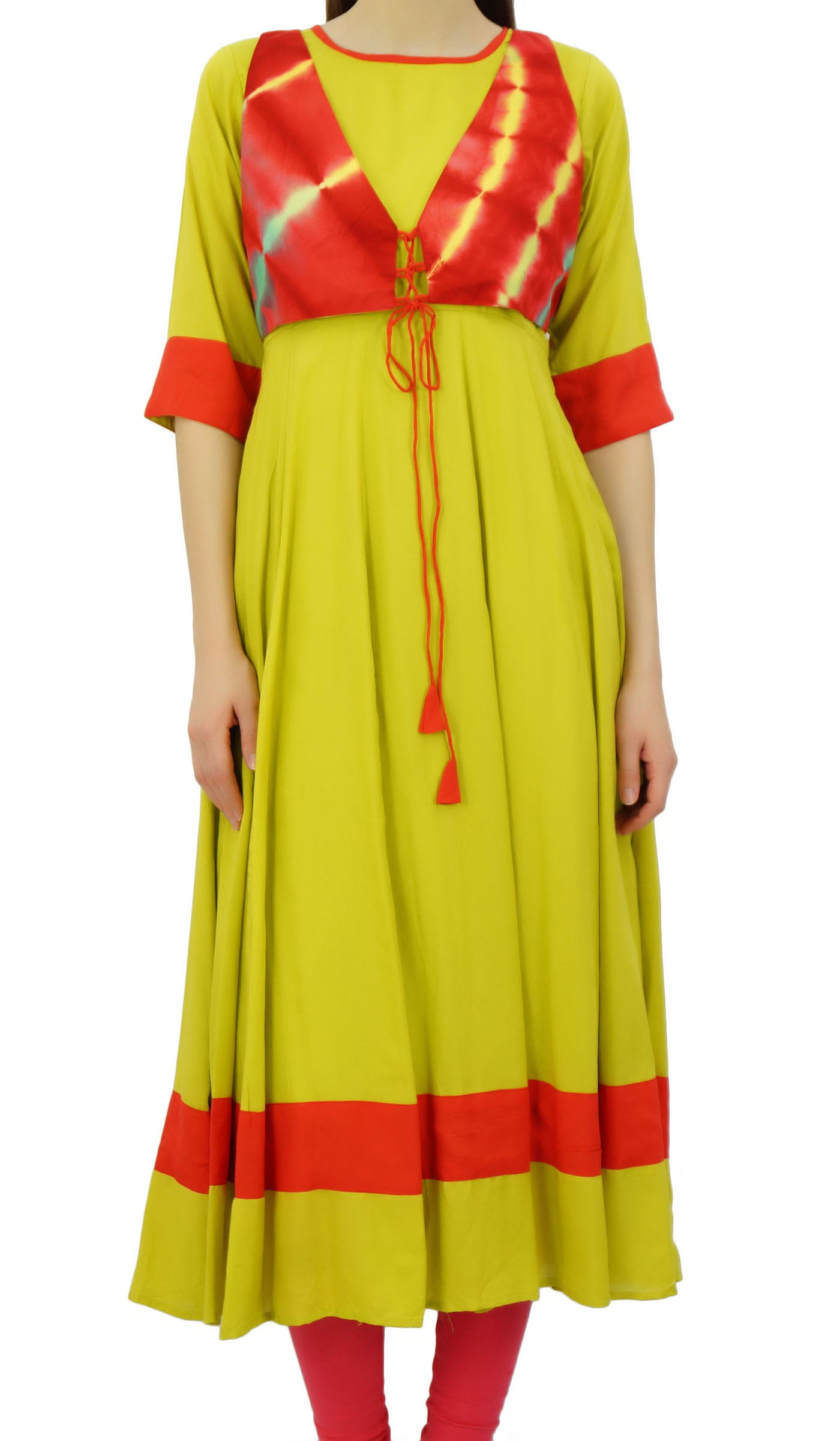Bimba Women's Cotton 3/4 Sleeve Orange solid Pattern kurti with Contrast Yoke 