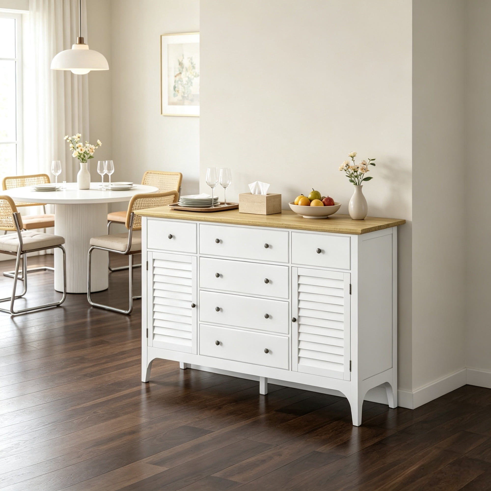 Adjustable Shelves Sideboard, Buffet Cabinet with Storage Drawers, Rubber Wood Top Coffee Bar, White