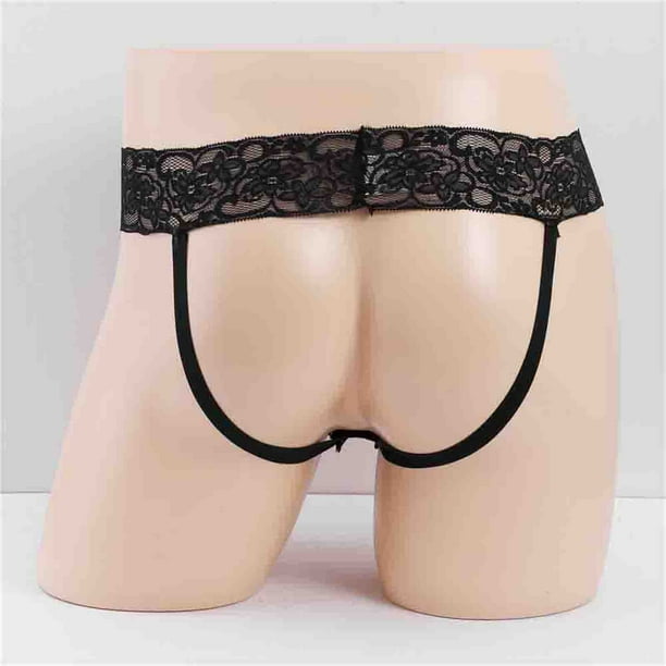 RXIRUCGD Underwear Pull-up Ring Thong Sexy Open Crotch Hollow See-through  Lace Double Thong T Pants Men Mens Thong Underwear Black 
