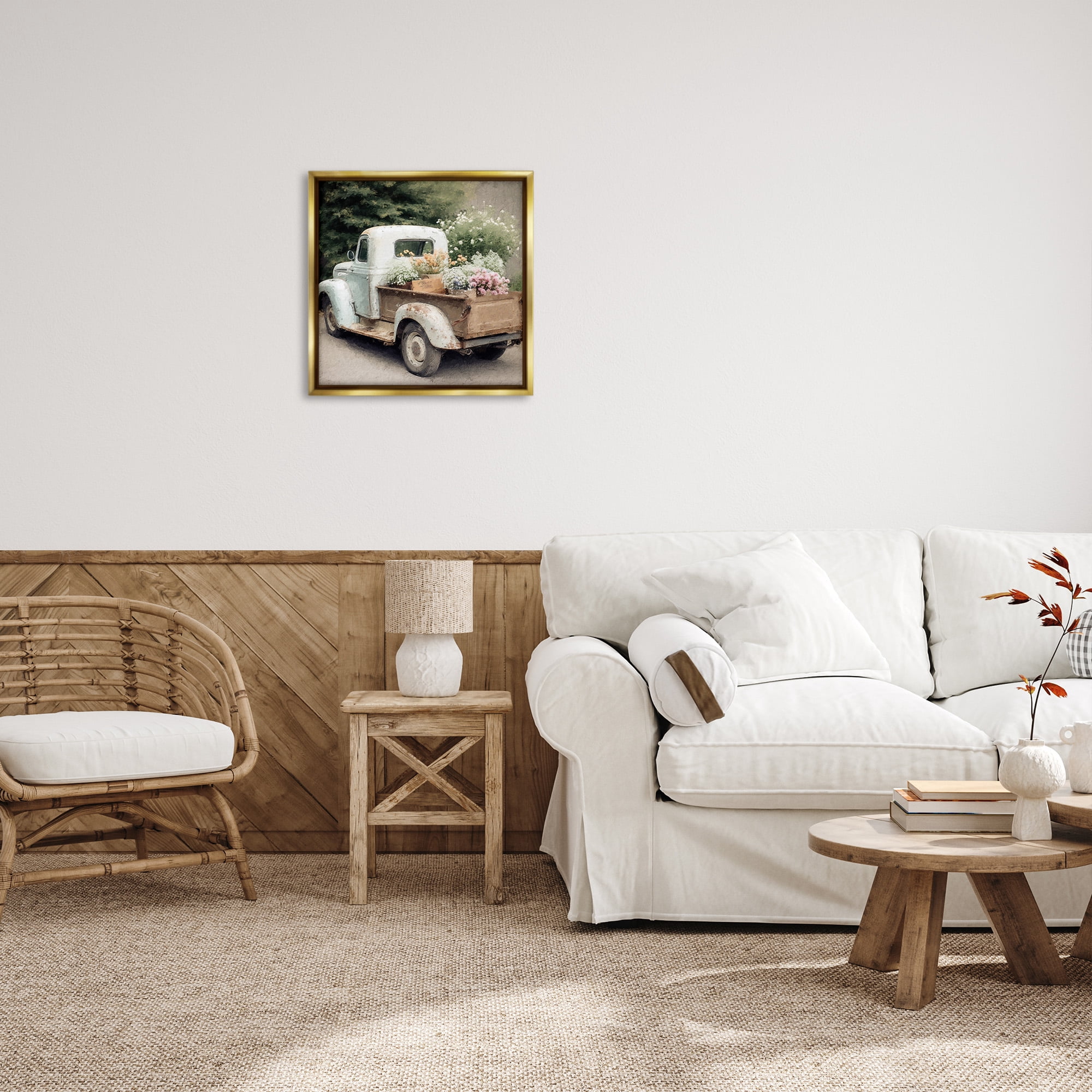 Stupell Industries Country Florals in Truck Transportation Painting Gold Floater Framed Canvas Art Print Wall Art, 25 x 25