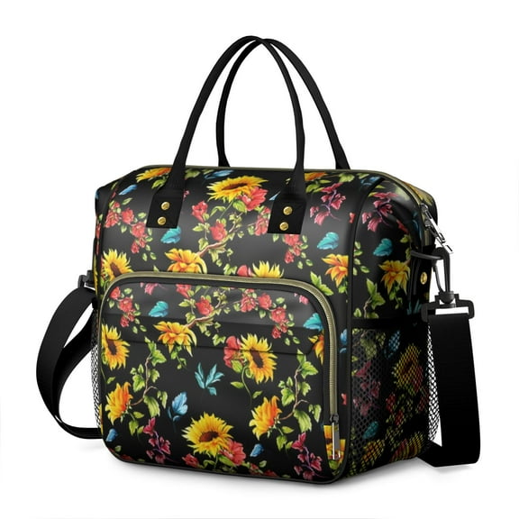 OBREWU Black Sunflower Womens Lunch Box for Work,Insulated Large Black Sunflower Lunch Bag for Women,Loncheras Para Mujer,Leakproof Adult Lunch Bag for Work,Beach,Travel,Picnic,Camping
