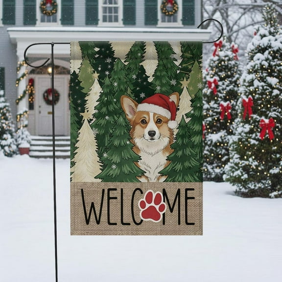 ViciArt Corgi Christmas Garden Flag – 12" x 18", Double-Sided Polyester, Winter Welcome Sign with Santa Hat & Paw Print