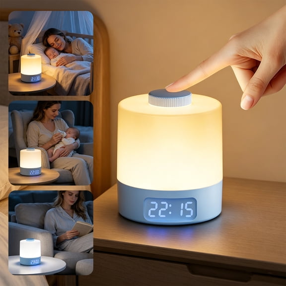 Night Light for Kids & Adults, 3-Color Eye-Care Rechargeable LED Lamp with Stepless Dimming, Touch Control & Digital Clock – Portable for Breastfeeding, Bedroom, Travel – Blue
