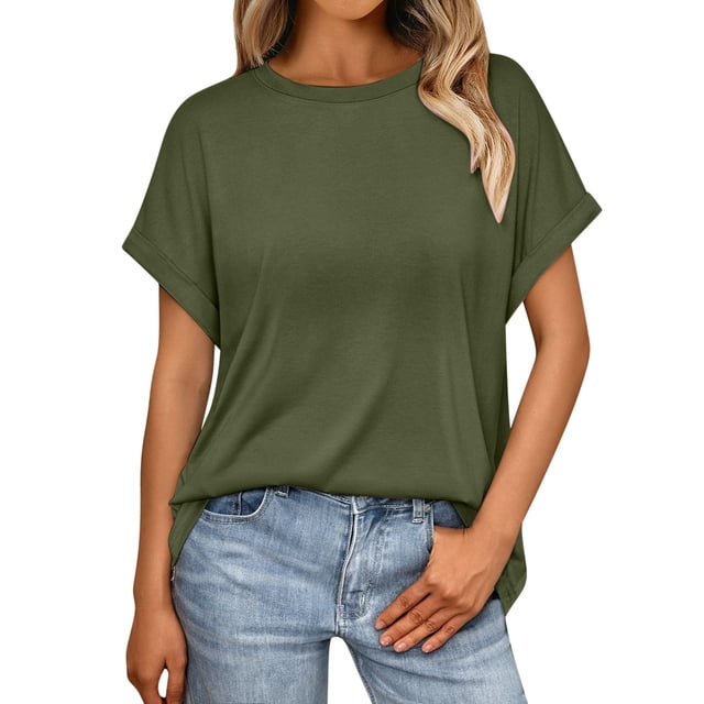 T-Shirts Basiques pour Femmes Été Manches Courtes Col Rond Hauts Couleur Unie T-Shirts Décontractés Amples