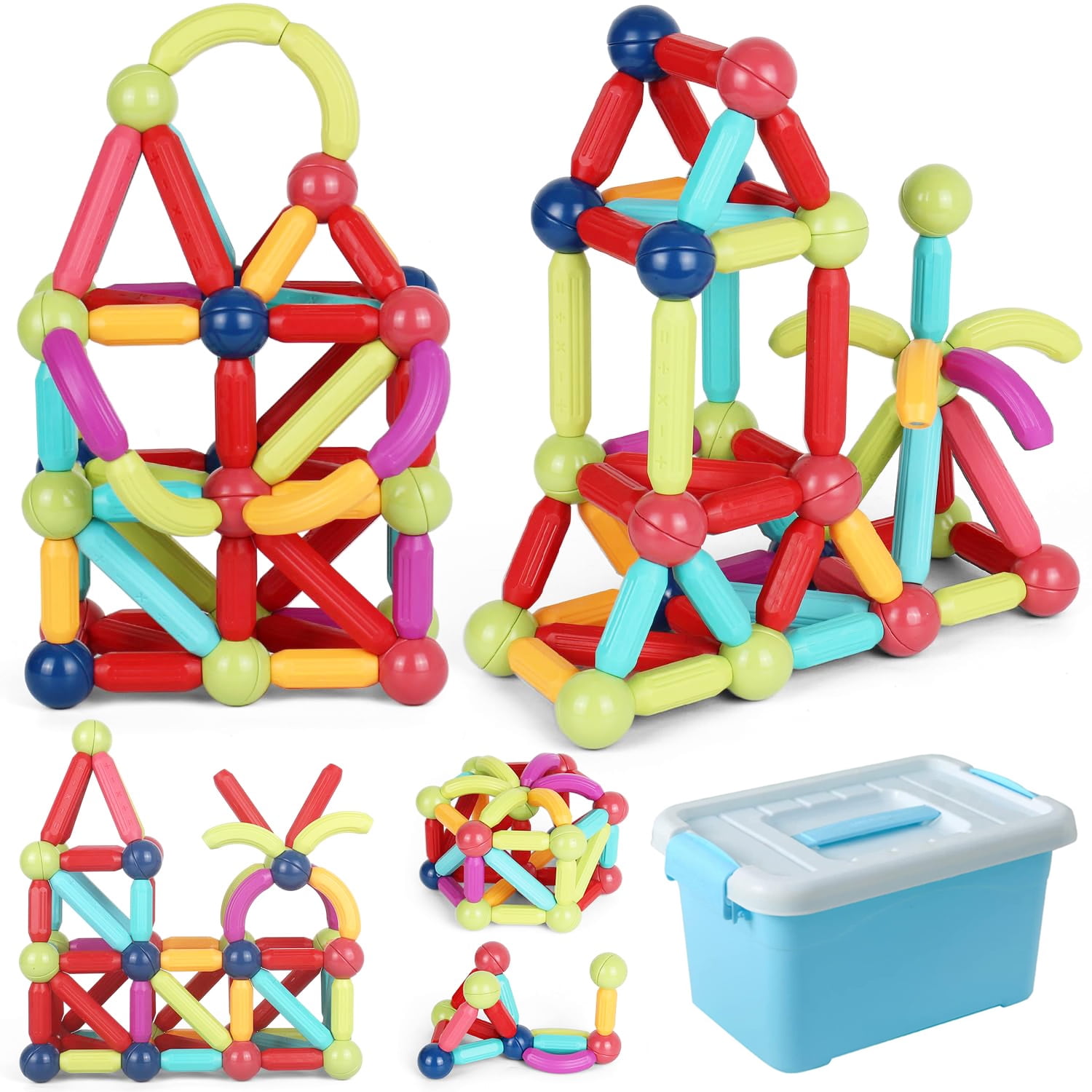 Magnetic Building Sticks Blocks Kids Toys, Magnet Blocks Toy with Storage Box, Sticks & Ball Creativity Game, STEM Educational Toy for Ages 3+ Year Old Girls Boys Ideal Gifts, Creativity Kids Games
