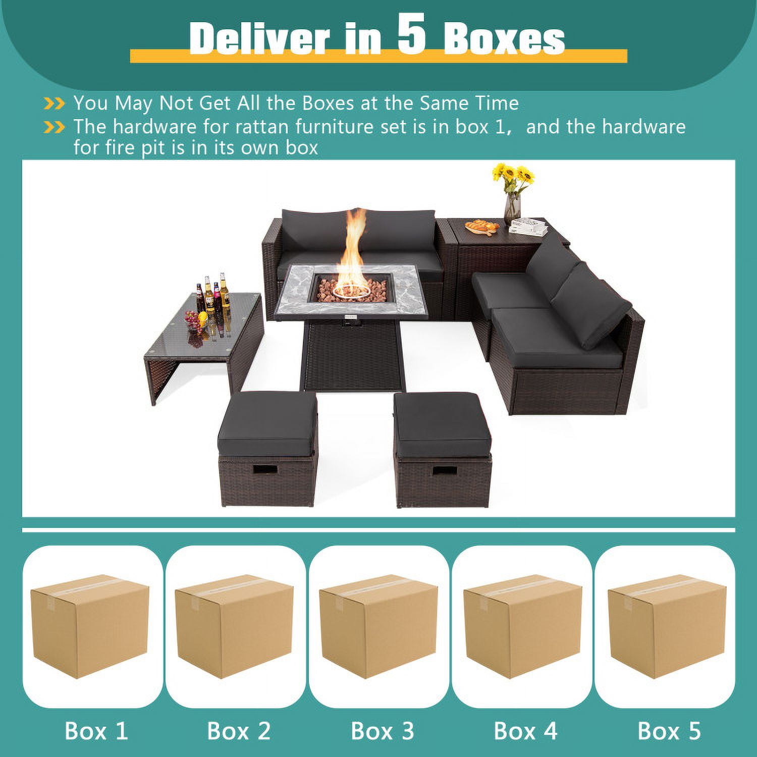 Aimee Lii 9 Pieces Patio PE Wicker Sectional Set with 50000 BTU Fire Pit Table, Outdoor Patio Set, Gray Aimee Lii 9 Pieces Patio PE Wicker Sectional Set with 50000 BTU Fire Pit Table, Outdoor Patio Set, Gray