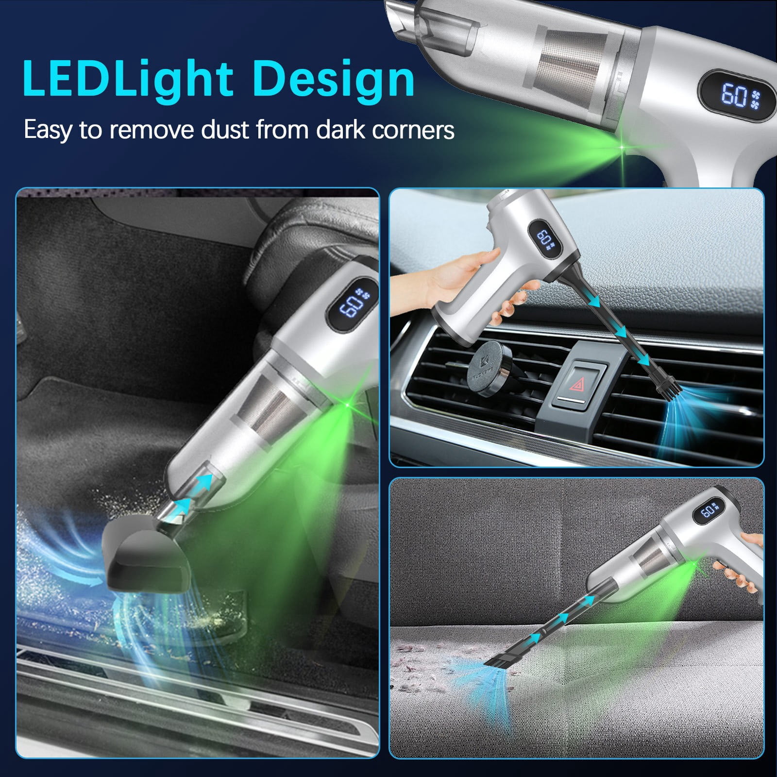 2-in-1 Handheld Car Vacuum Cleaner,2025 Portable Air Duster Suction Blower Rechargeable LED Display Multiple Nozzles,Efficient Cleaning For Cars Home Keyboards And Small Appliances-Free Size