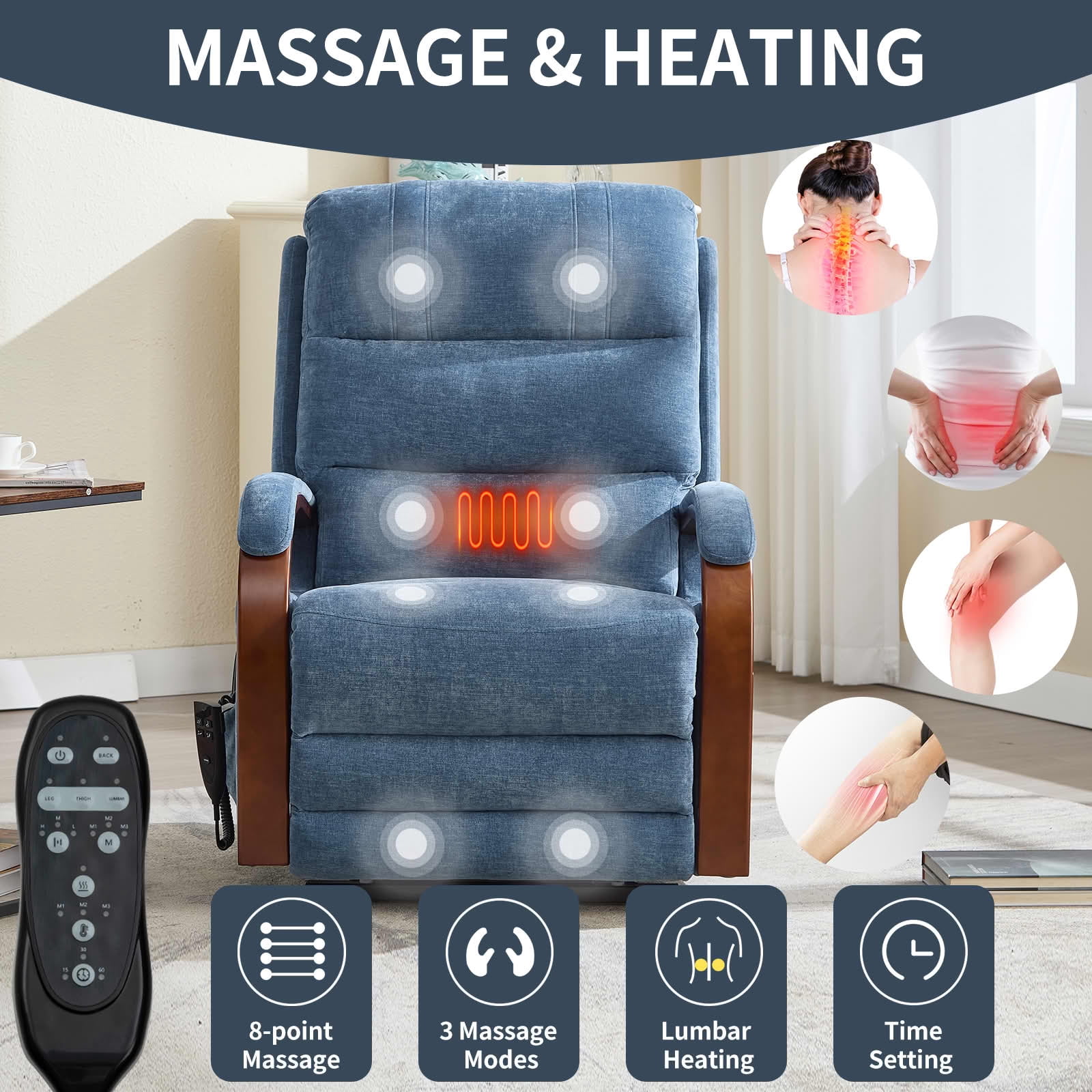 MAYEERTY Blue Chenille Dual Motor Power Lift Recliner, 350lbs Solid Wood Armrest Massage Heat 30"x36"x43" for Elderly