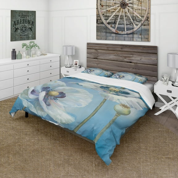 Designart 'White Flower on Blue I' Cottage Duvet Cover Set