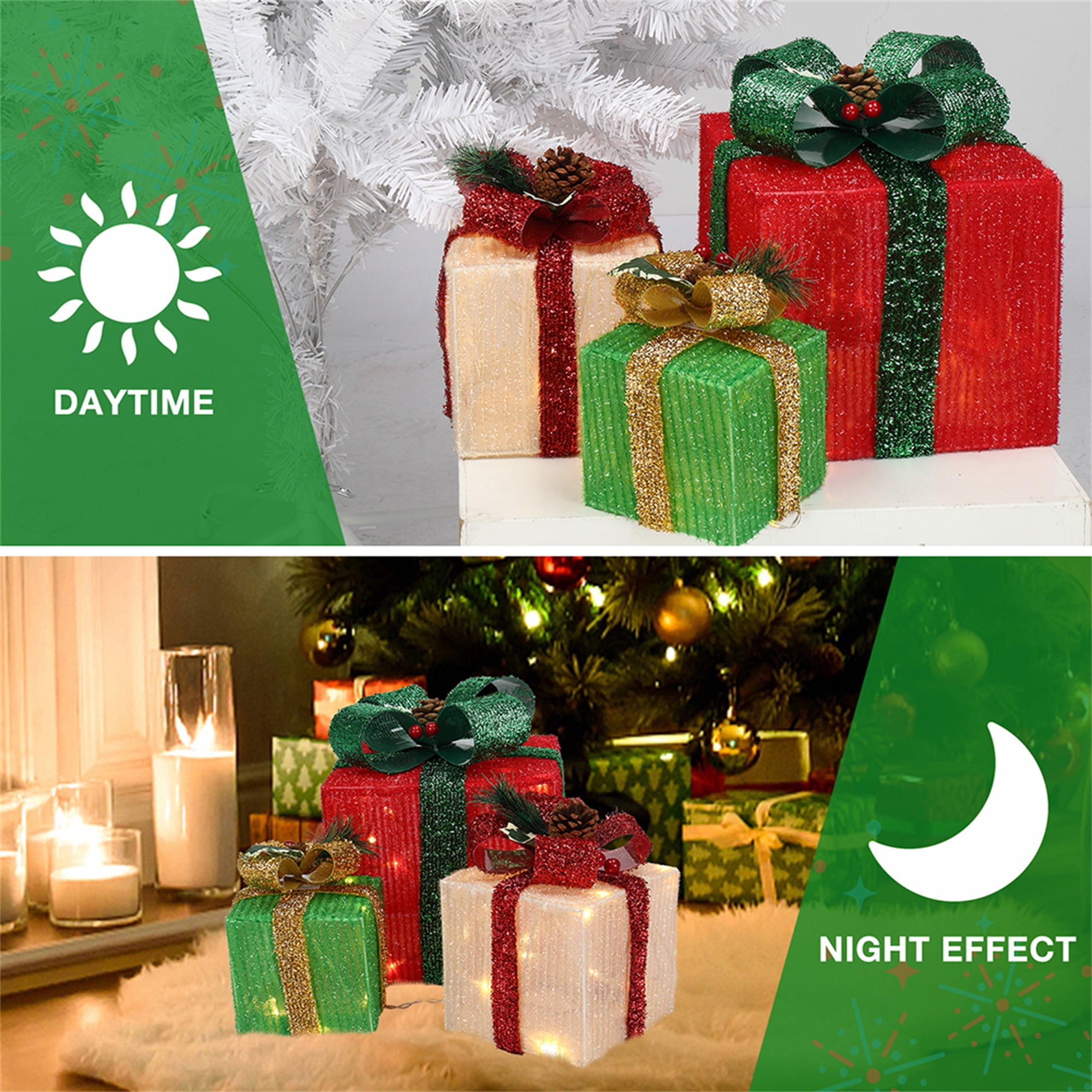 Kepooman 3pcs Christmas Gift Box, Box ABS Plastic Frame LED60 Light, Onion Cloth, Colorful Kepooman 3pcs Christmas Gift Box, Box ABS Plastic Frame LED60 Light, Onion Cloth, Colorful