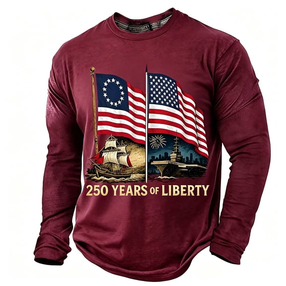 Mens 250 Anniversary USA Shirt Long Sleeve Graphic Tee American Flag Artwork Patriotic Independence Day Holiday Clothing