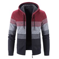 Jinda Men's Knit Cardigan Sweater Outerwear Hooded Zip Up Long Sleeve Thick Casual Drawstring Lined Pocket Knitwear Red Medium